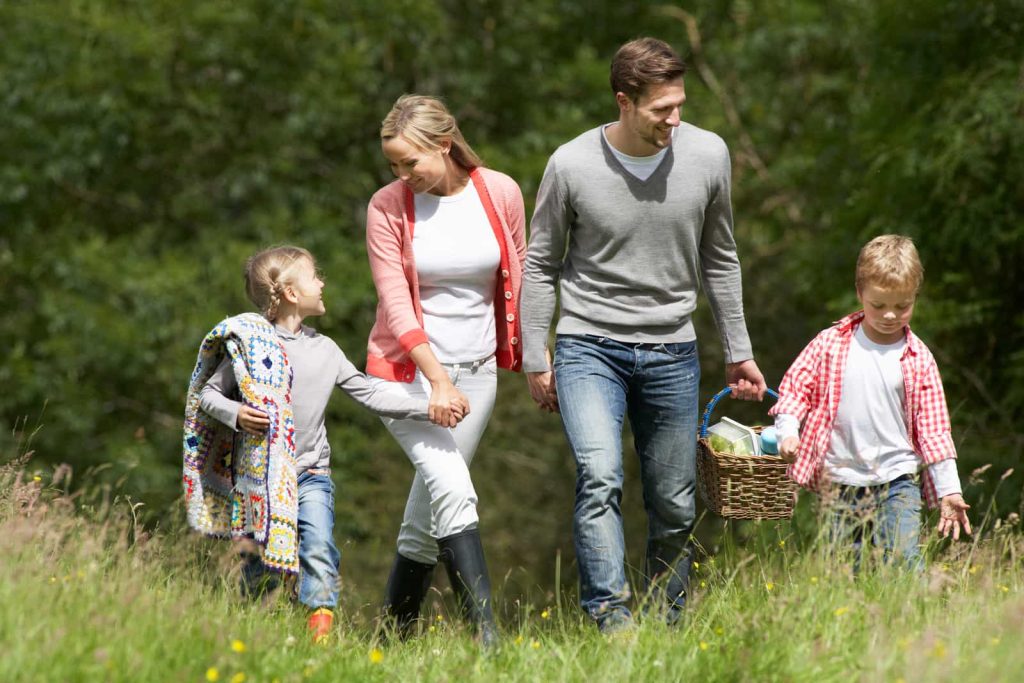 A family of four walks through a grassy field. The mother, wearing a red cardigan, holds a child's hand. The father, wearing a gray sweater, carries a picnic basket. A girl holds a colorful blanket, and a boy in a red plaid shirt looks down.