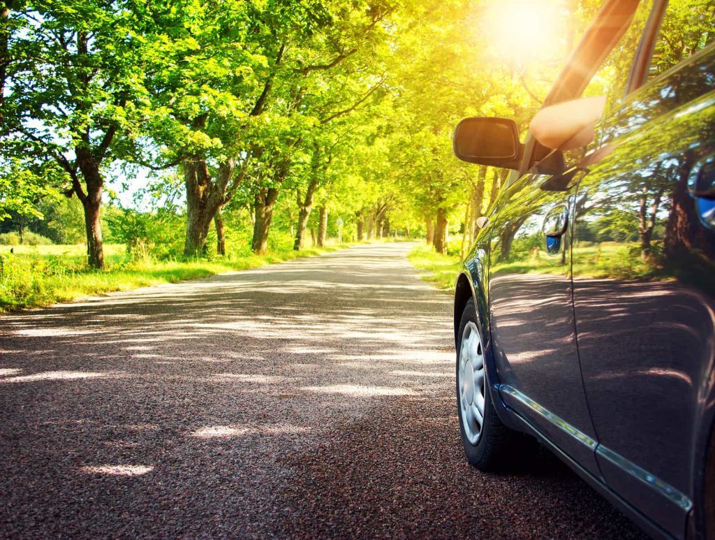 A car is driving on a sunlit tree-lined road. The sunlight filters through the dense green foliage, casting dappled shadows on the pavement.